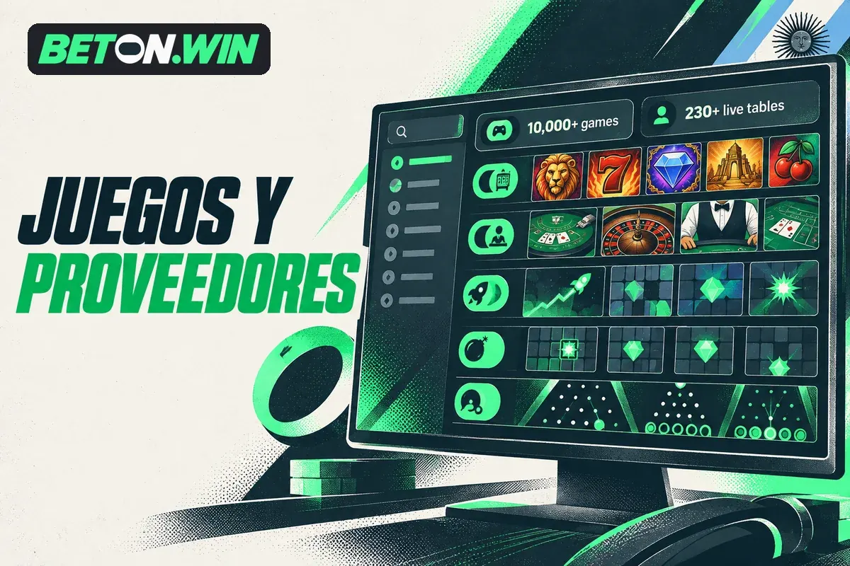 Pantalla panorámica con catálogo de juegos y filtros de proveedores.