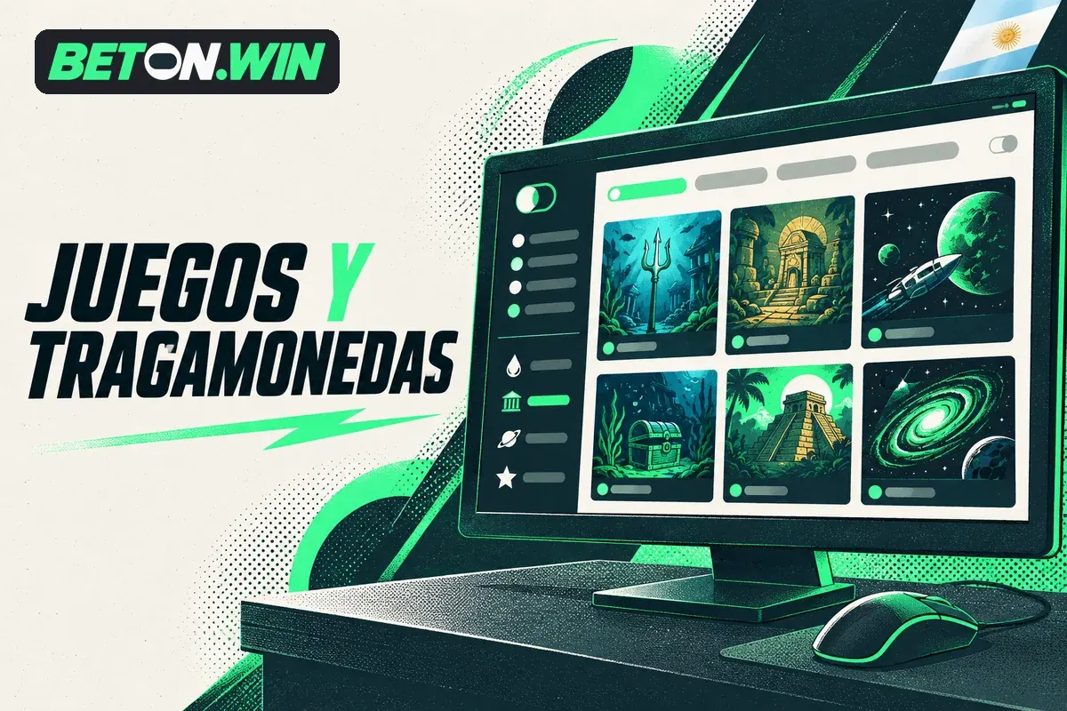 Monitor con catálogo de tragamonedas y filtros por temática
